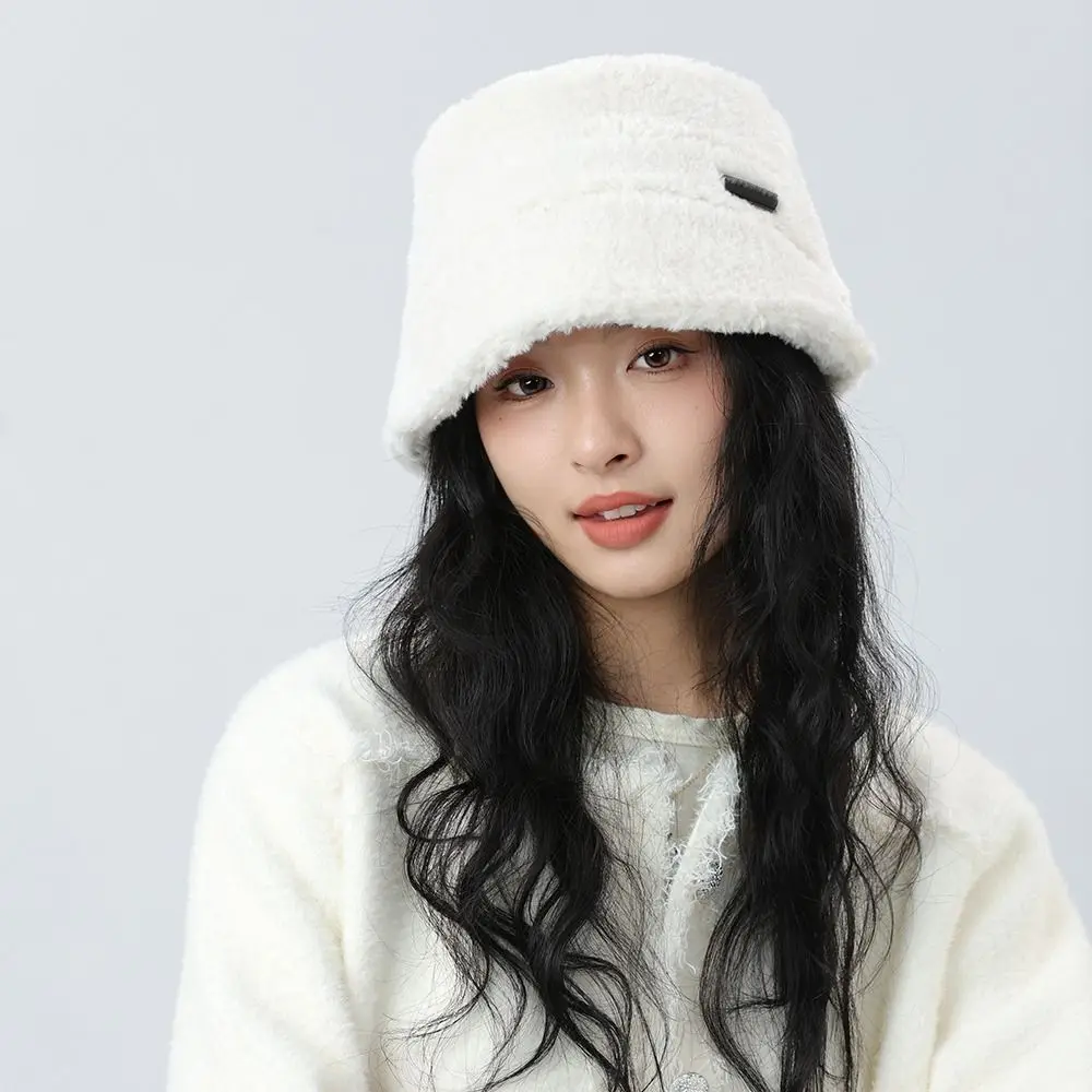 Casual Fuzzy Winter Bucket Hat Ear Protection Windproof Basin Cap Korean Style Plush Fisherman Hat for Women