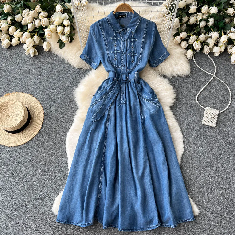 

Elegant Women Embroidery Denim Dress Lapel Short Sleeve Long Dress With Belt Spring Summer Thin Jean Dress Female