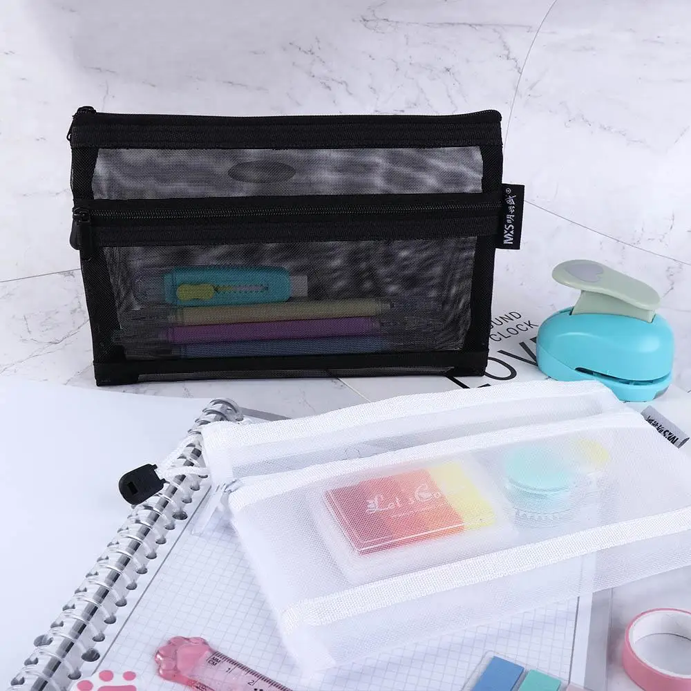 Pencil Case Office Large Capacity Pen Box School Stationery Supplies File Folder Cosmetic Storage Bag Double Mesh Pencil Bag