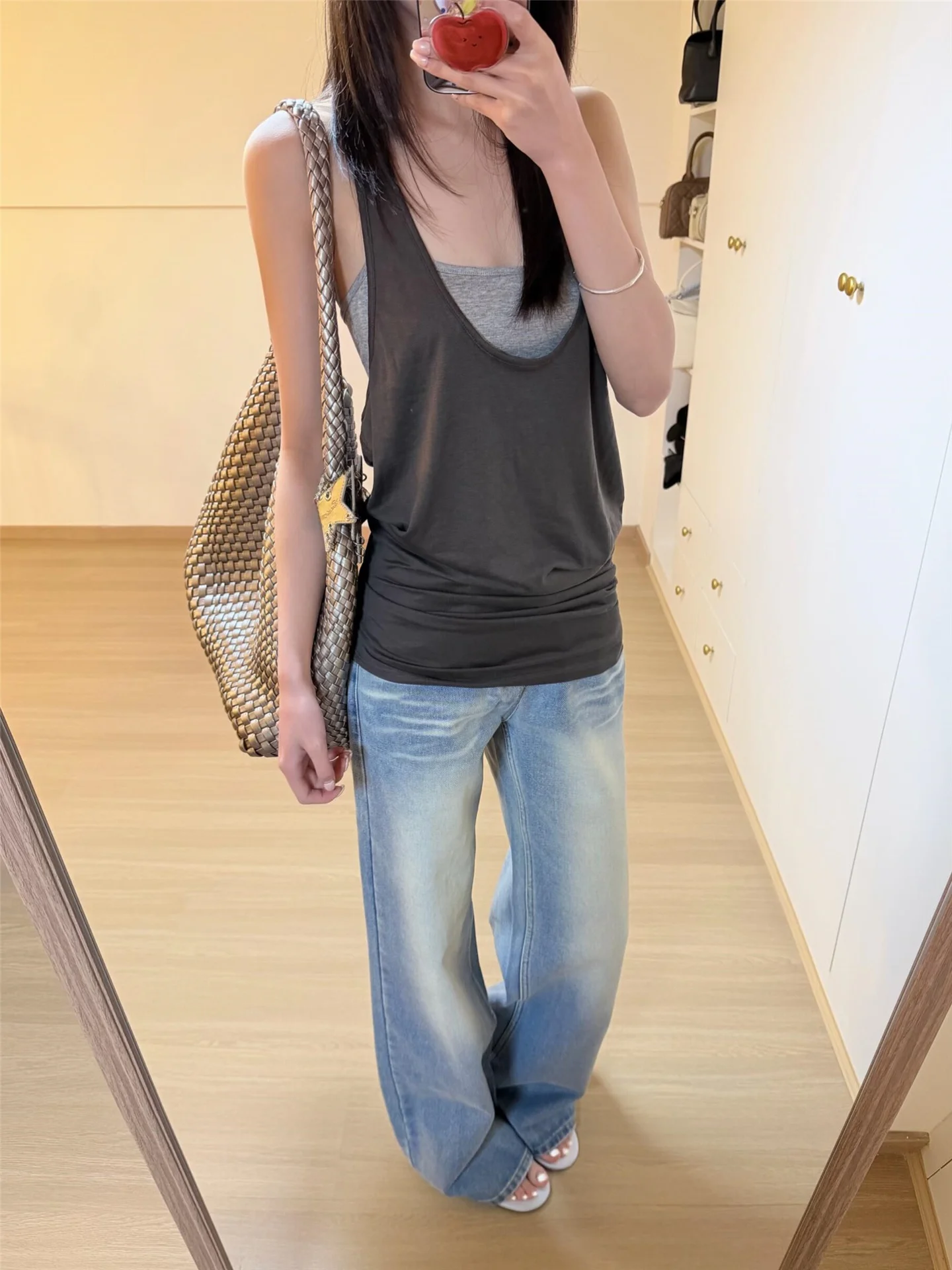 

Retro American High Waist Extended Light Blue Wide Leg Denim Pants Women's Loose Drapey Straight Floor-Length Jeans