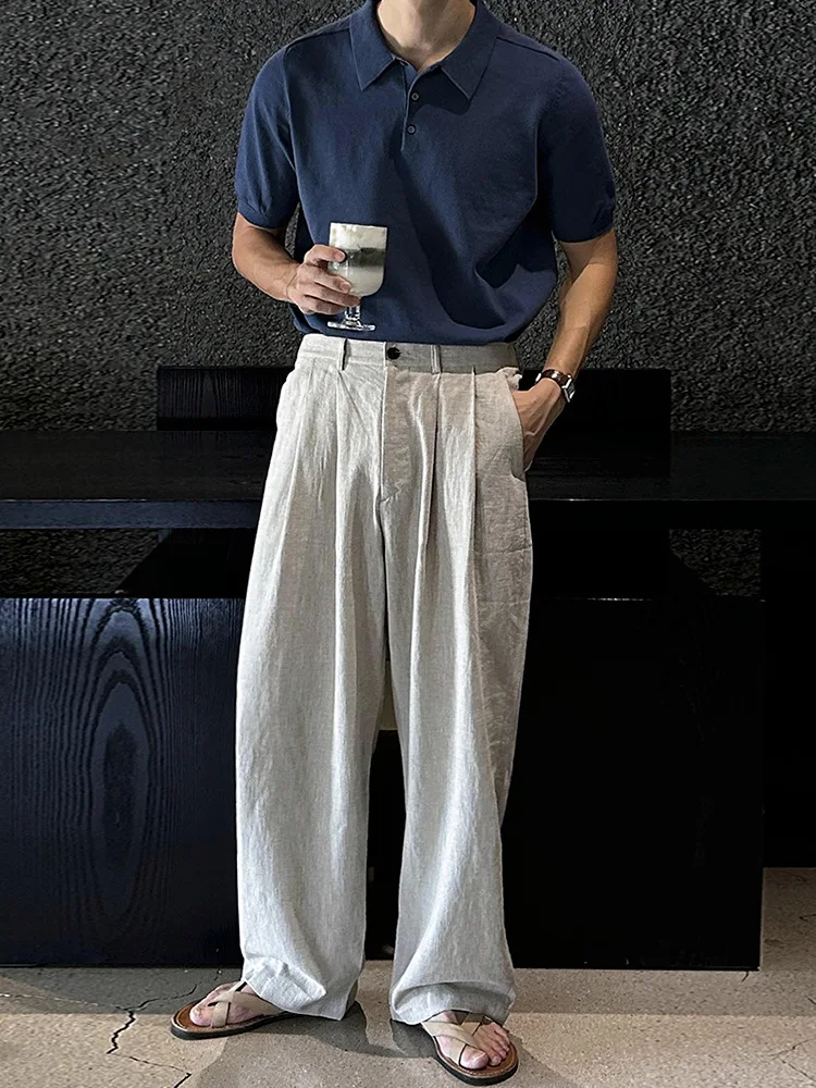 

MYQ solid color lapel knitted short-sleeved T-shirt men's summer loose Polo collar half-sleeved top commuting wear