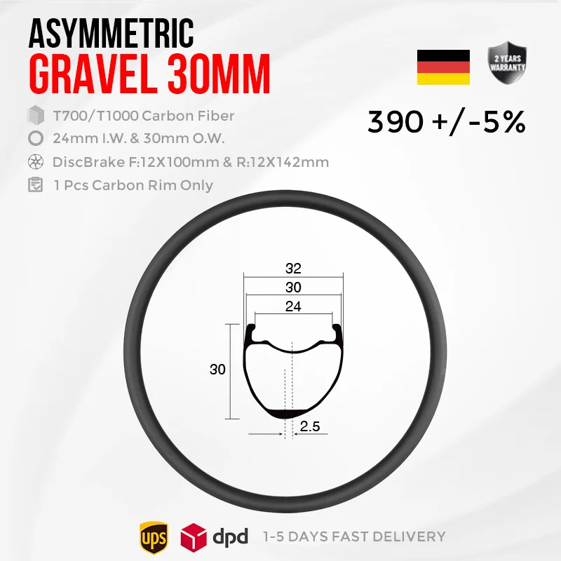 Obręcz karbonowa T700 T1000 do gravelu 700C, wysokość 30mm, szerokość wewnętrzna 24mm, 24 otwory, mocowanie w półramie, bezdętkowa, do opon typu clincher, hamulce tarczowe, wykończenie UD matowe, do