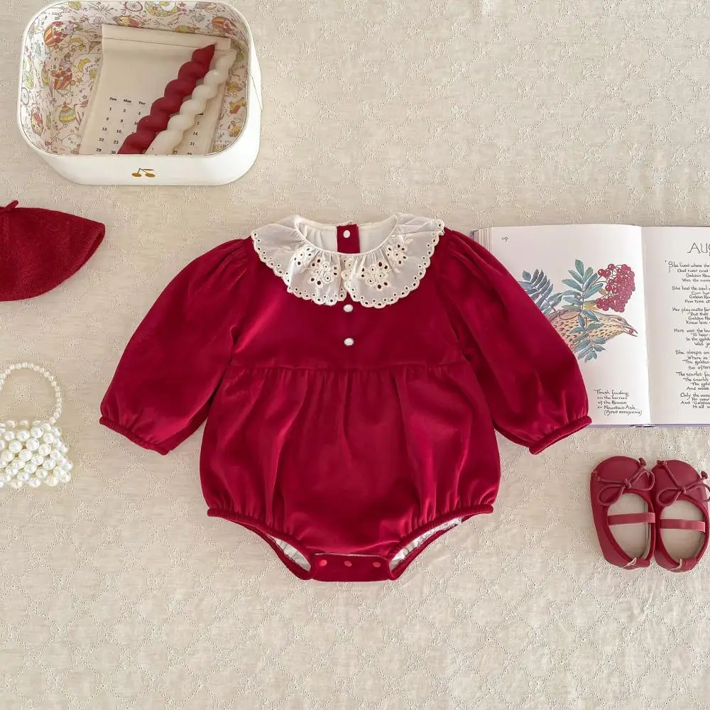 2024 Toddler Cute Red Romper Long Sleeves Casual Autumn Jumpsuit Lace Collar Birthday Party Baptism Children Newborn Rompers