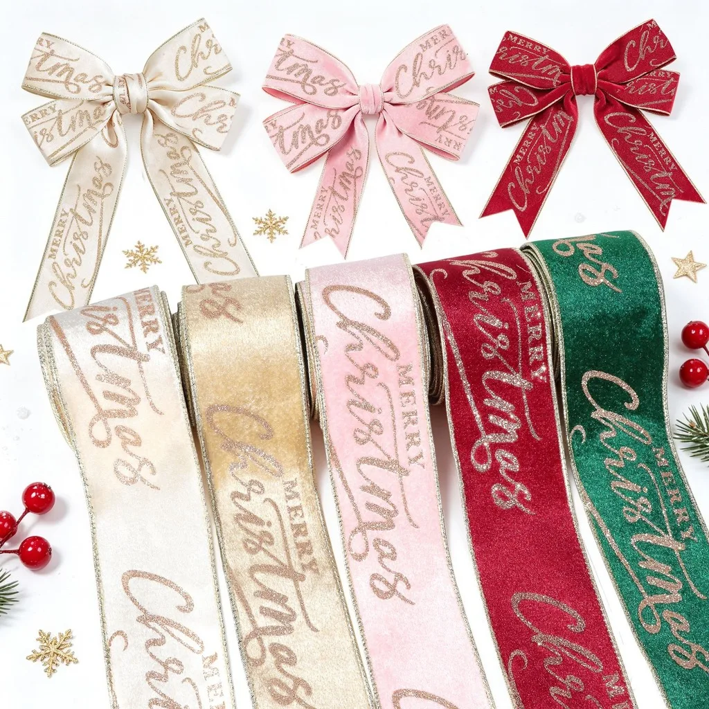 2M/roll 6.3cm Flocked Velvet Christmas Ribbon With Glitter Merry Christmas Print Wired Edge for Xmas Decoration Gift Wrapping