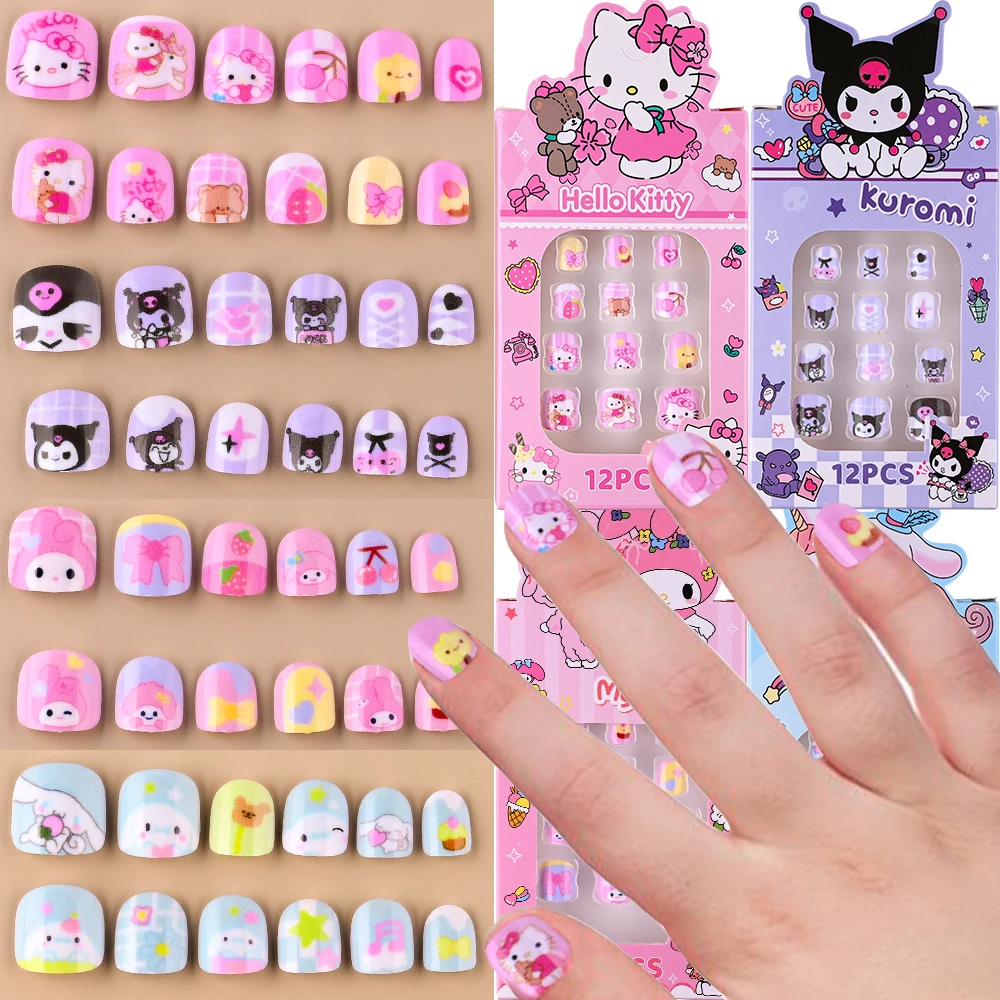 

12 шт., детские накладные ногти с рисунком «Hello Kitty», розовые ногти Kitty Kuromi Melody Press On Nails для детей, накладные ногти, подарки для девочек
