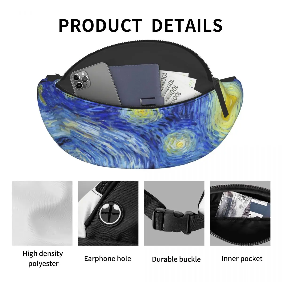 Vincent Van Gogh Starry Night Fanny Pack pour hommes et femmes, sac à bandoulière personnalisé, sac de taille, peinture artistique, cyclisme, camping, téléphone, poudres d'argent