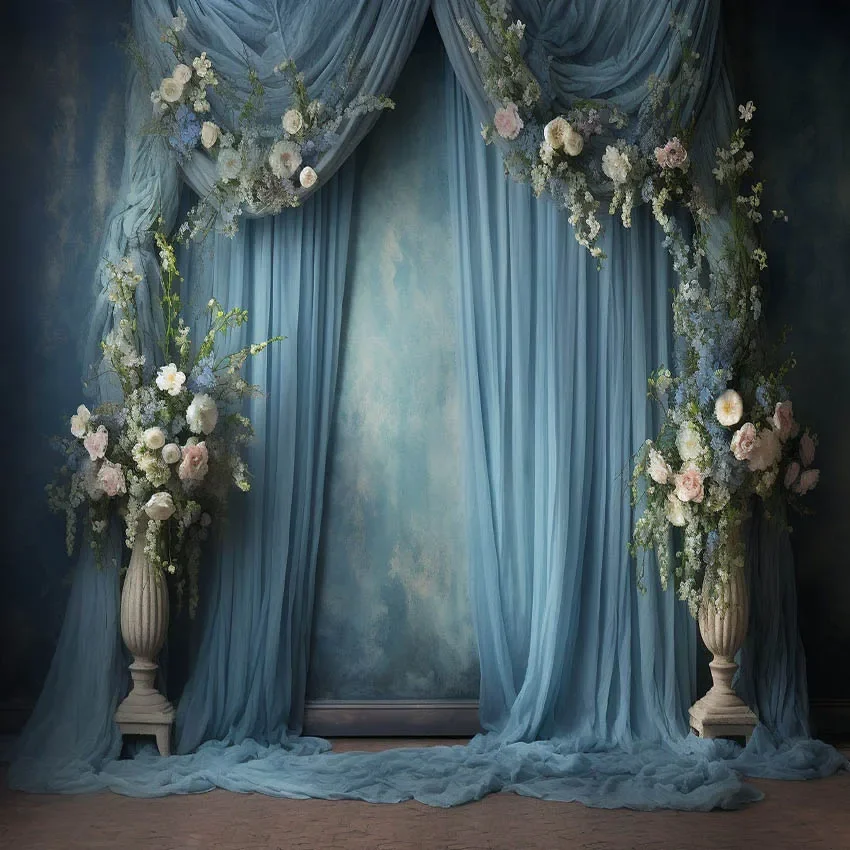 8x8FT Light Blue Gauze Curtain Floral Flowers Frame Costume Model Custom Photo Background Backdrop Seamless Vinyl 240cm x 240cm