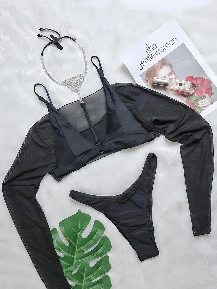 3 PCS Diamond Mesh Sheer Long Sleeve Bikini Women Swimwear Female Swimsuit Three-pieces Bikini set Triangle Bathing Suit Swim