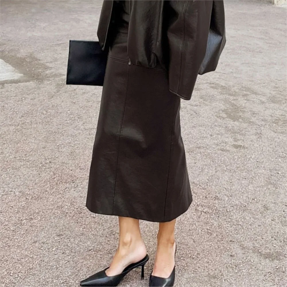 Women's Clothing PU Skirt Fashion Solid Color All-match Long Skirts Simple Style Package Hip Bodycon temperament Elegant Trendy