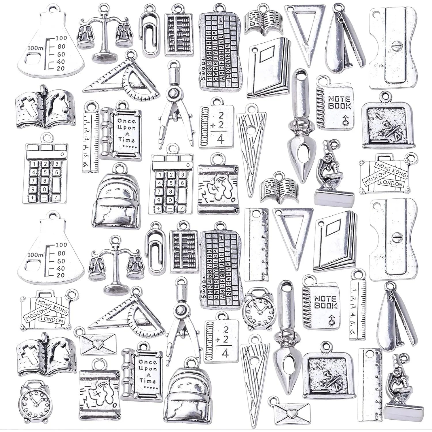 

56pcs School Theme Charms Tibetan Alloy Teacher Pendants Ruler Pen Books Calculator Compass Charms for DIY Bracelet Necklace