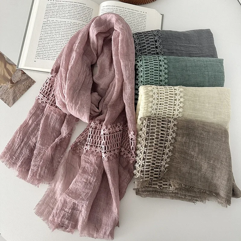 

Шарф в богемном стиле, ретро, однотонный, с ажурным цветочным узором, женская однотонная нежная шаль, шифоновый шарф для путешествий и фотосессий.