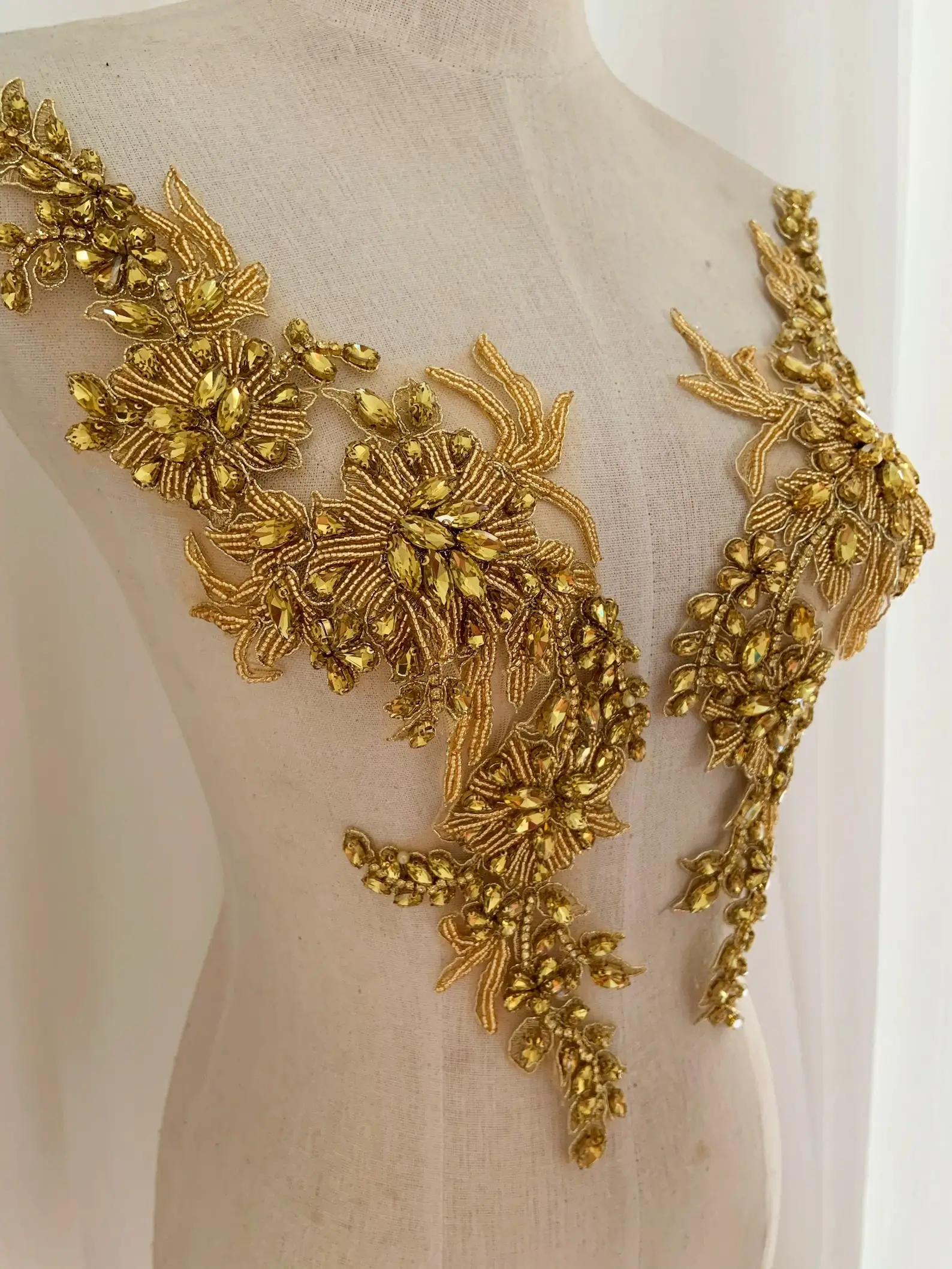 Beige Rhinestone Appliqué For Couture, Costume, Dress, Crafted Florals Motif Bodice, Deluxe Bead Florals Applique