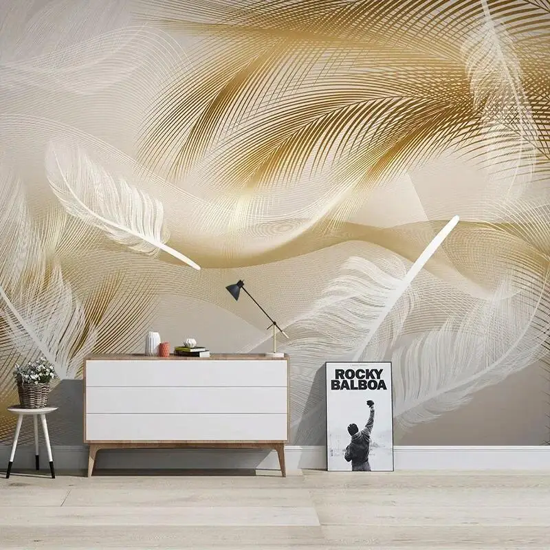 

Custom Moder Wallpaper Wall Decor Art 3D Golden Lines White Feather Mural Luxury Living Room Sofa TV Background Home Decor Mural