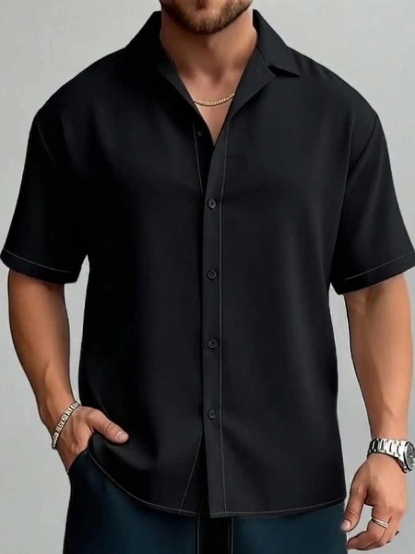 

Summer Men's Casual Black Cuban Collar Shirt Short Sleeve Contrast Stitch Loose Fit Button Down Top