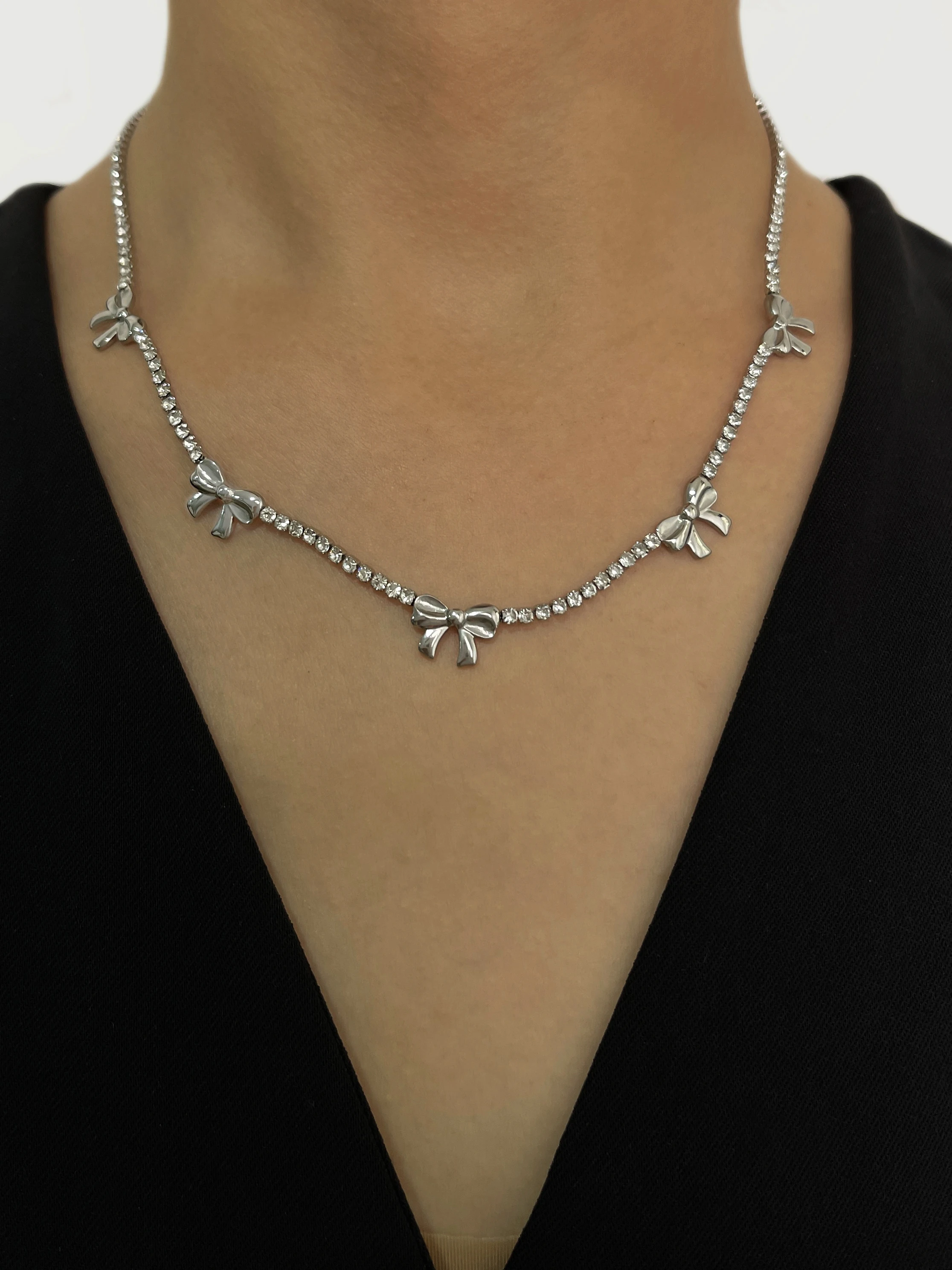 Peri\'sbox Anti Tarnish Stainless Steel Cute Bow Cz Tennis Choker Necklace for Girl Y2K Tie the Knot Zircon Collar Korean Jewelry