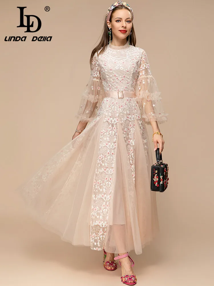 Imagem -04 - Linda Della Novo 2023 Primavera Verão Moda Feminina Lindo Elegante Grande Swing Vestido Longo Cintos de Malha Floral Bordado Vestido ld