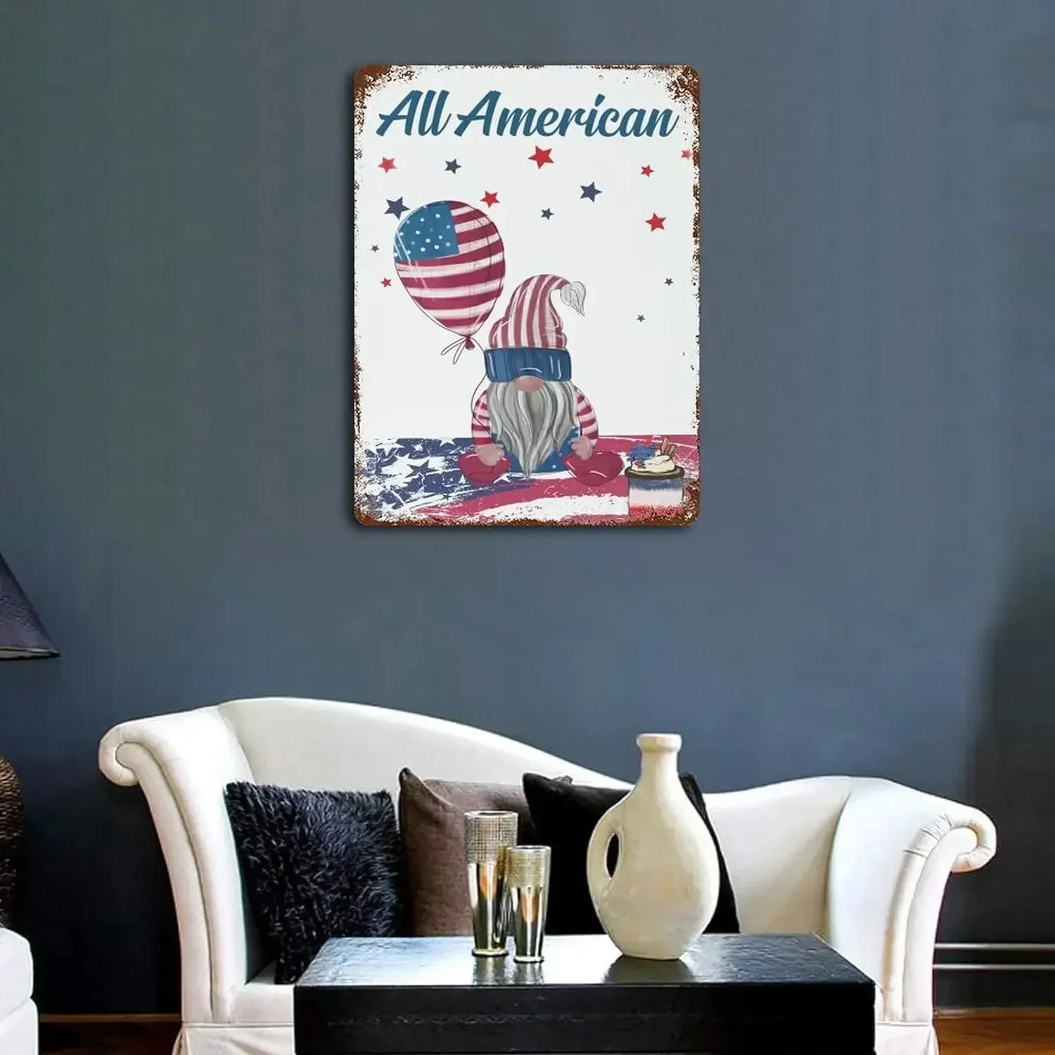 Independence Day Memorial Patriotic Metal Signs, All American Gnomes Holiday American Flag USA Stars Stripes Vintage Metal Signs