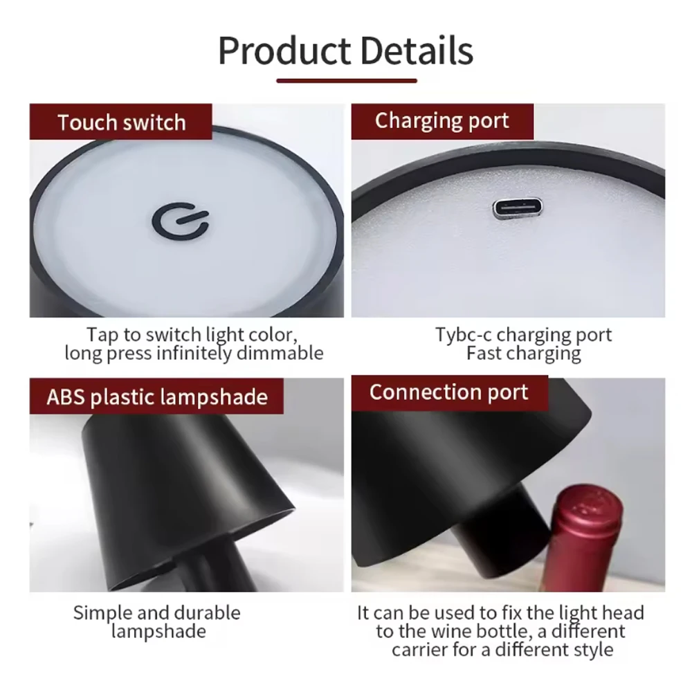 Lampa LED do butelek wina, trójkolorowa, ściemnialna, ładowana przez USB, do sypialni, salonu, baru, restauracji, na imprezę, na biurko.