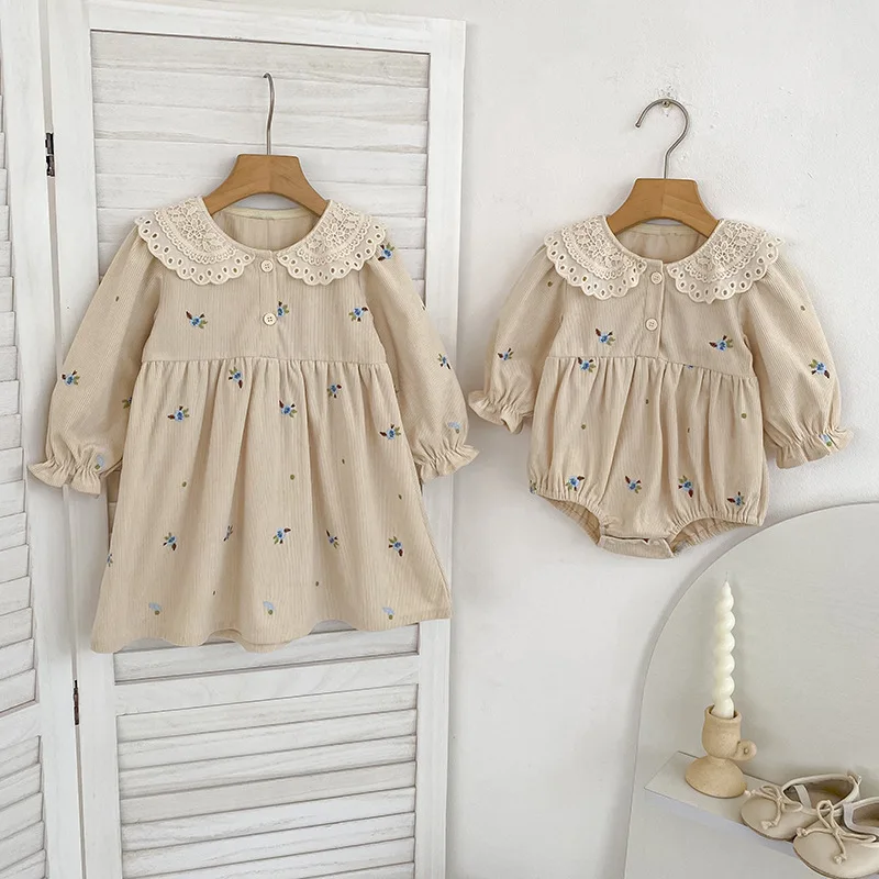 

2026 Newborn Baby Girl Sister Set Korean Style Long Sleeve Floral Embroidered Princess Dress Matching Toddler Girls Rompers