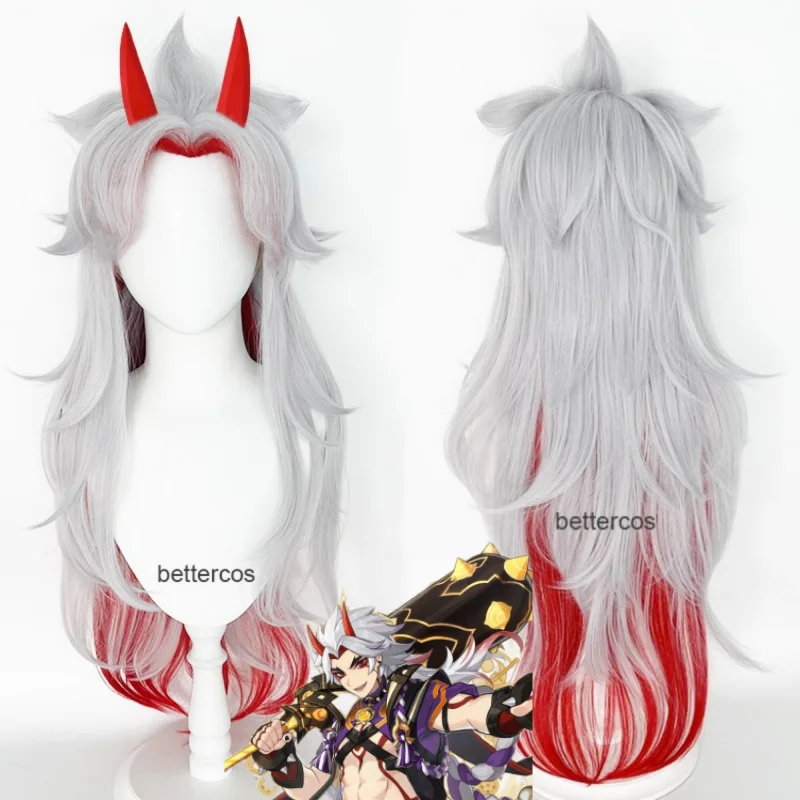 Arataki Itto Cosplay Wig Arataki Itto Heat Resistant Synthetic Hair Anime Wigs + Wig Cap + Horn