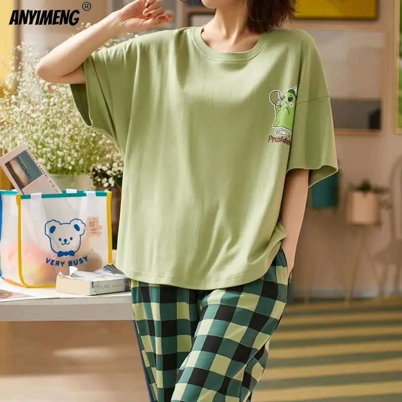 Dinosaur President Cartoon Sleepwear for Women Summer Soft Cotton Women\'s Pijamas Set Short Sleeves Full Pants Casual Loungewear