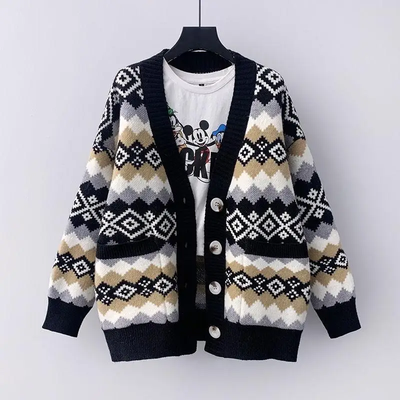 Autumn Winter Stripes Contrast Color Diamond Check Sweater Cardigan Autumn V-neck Sweater Coat Woman