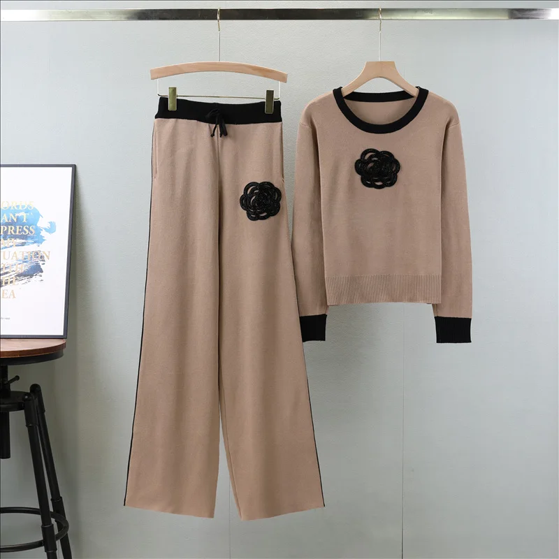 Autumn Winter 2 Pieces Women Sets Knitted Tracksuit Turtleneck Sweater and Straight Jogging Pants Suits