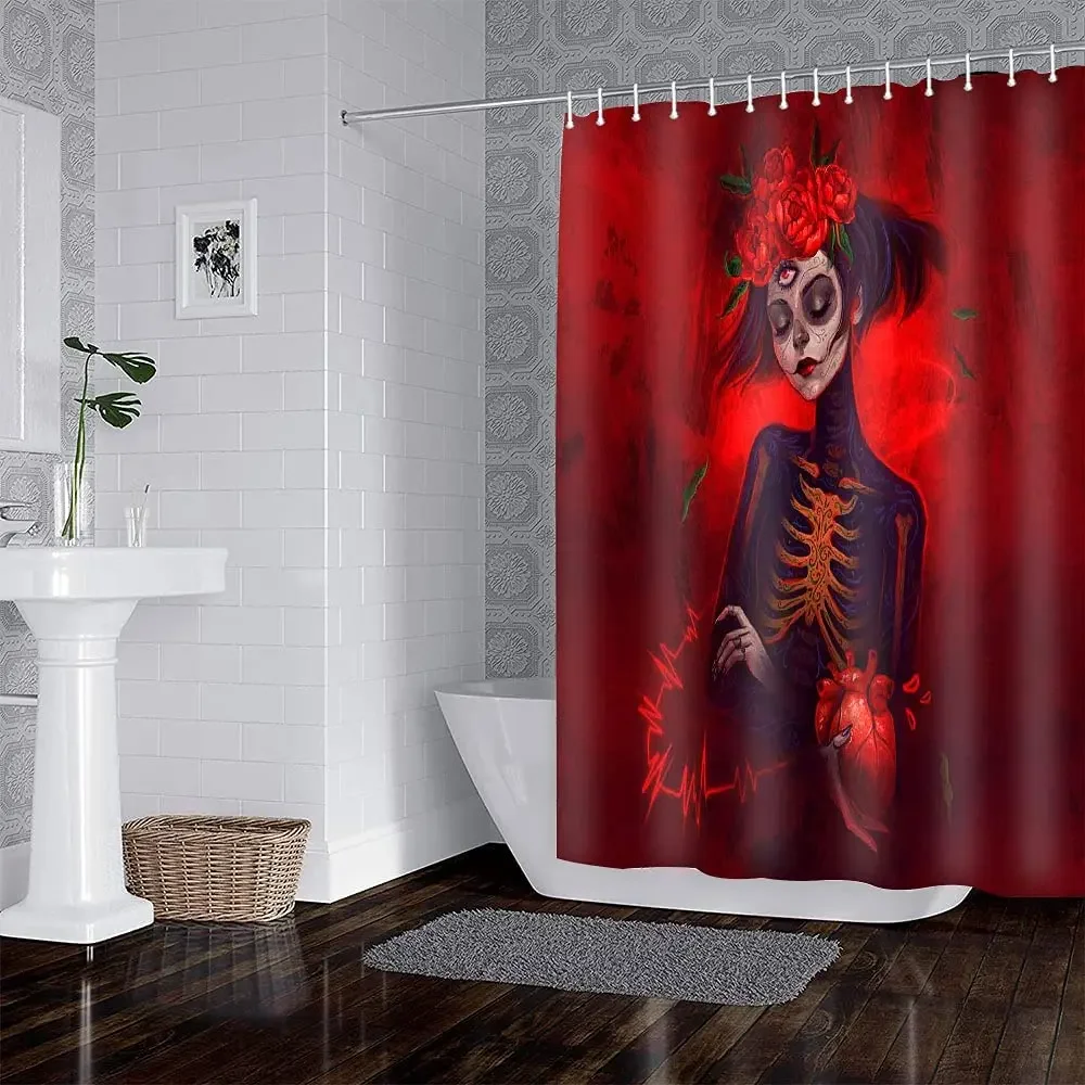 Sugar Skull By Ho Me Lili Shower Curtain Girl Clown Red Rose Flower Funny Skeleton Fabric Bathroom Sets With  Hooks Polyester