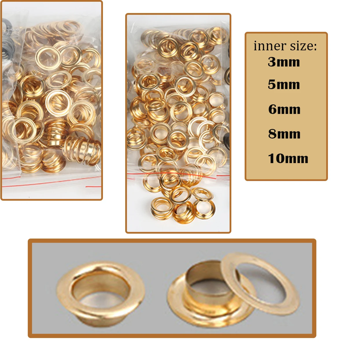 100 PCS Gold MINI Eyelets  Grommet Ring With Washer 3mm 5mm 6mm 8mm 10mm for Clothes Leather Canvas Bag Shoes  Belt Cap Tags Clo