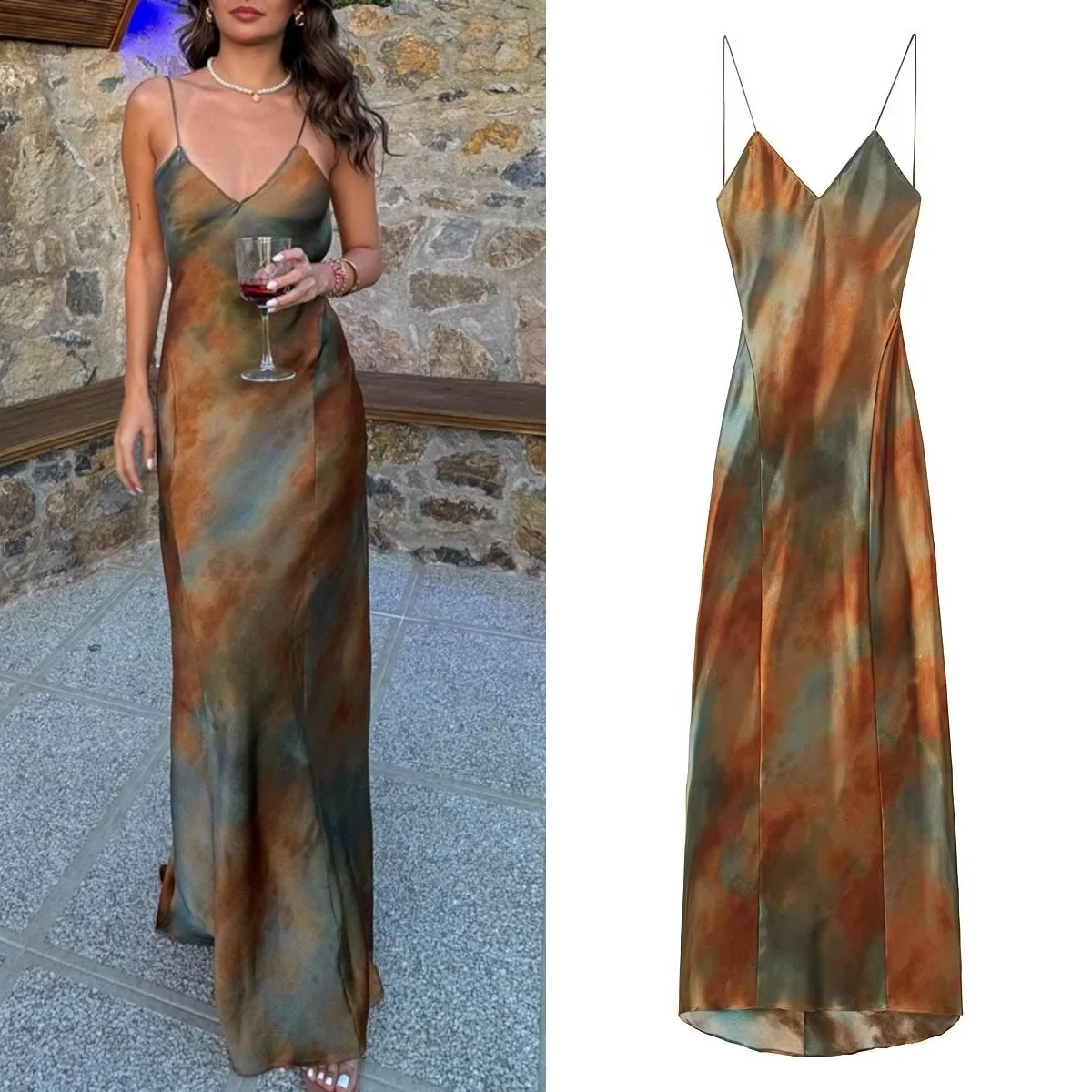 TRAF damska retro elegancka satynowa dekolt w serek bez pleców seksowna sukienka na ramiączkach moda damska szczupła długa spódnica bez rękawów 2024 lato nowość
