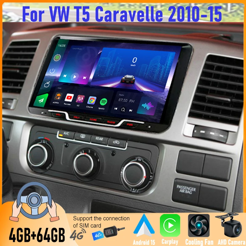 

9 Inch 4+64GB Android Car Radio For VW T5 Maltivan 2015-19 2DIN Head Unit GPS Google Map BT Wireless Carplay FM Reversing Camera