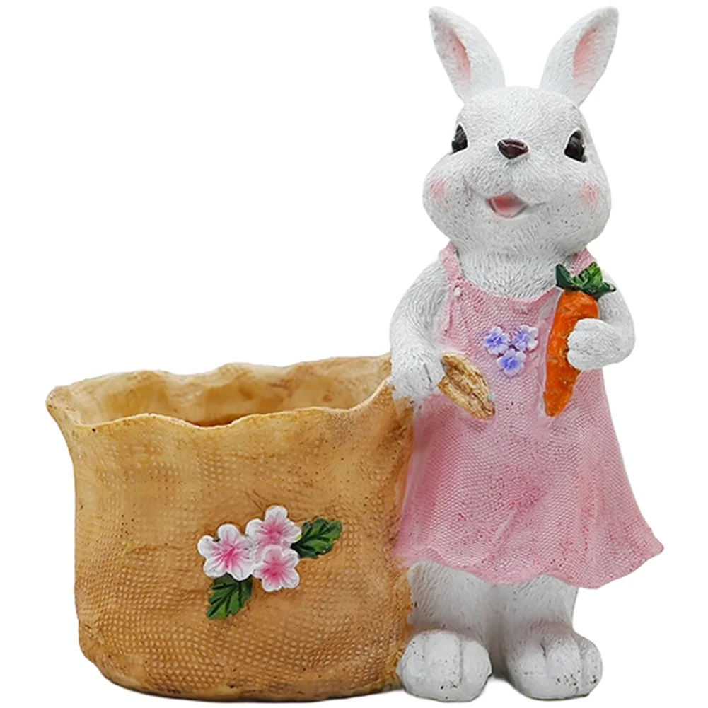 1PC Resin Rabbit Flower Pot Container With Drainage Holes For Outdoor Garden Lawn Yard Pastoral Bunny Statue Decor