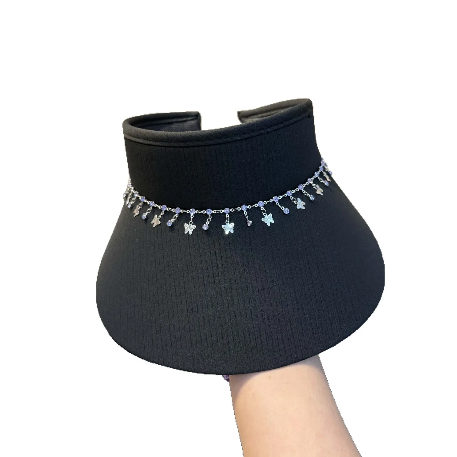 2025 صيف جديد! قبعة نسائية فارغة بسلسلة فراشة سريعة الجفاف، متعددة الاستخدامات، تصميم شريط عمودي للحماية من الشمس في الهواء الطلق