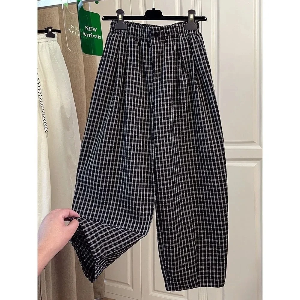 High waisted Plaid Harem pants For women 2026 Summer New Fashion Loose Slimming Casual Trousers Female Thin Nine Points Pants