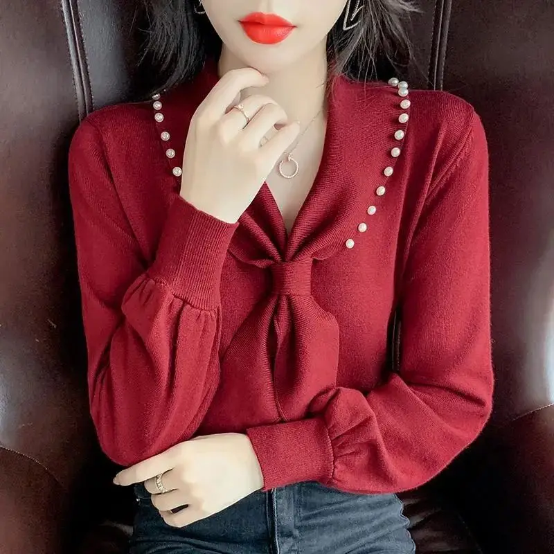 Women 2023 New Shirt Korean Edition Pullover Loose V-neck Lace Knitted Top Fashion Versatile Bow Solid Color Comfortable