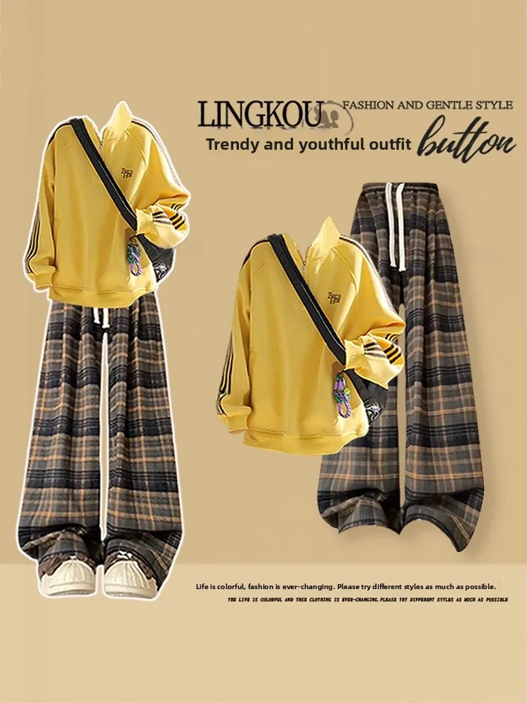 

Large Size American Style Casual Outfit Women's Anti-Aging Loose Fit Collared Sweatshirt And Slimming Plaid Pants Two-Piece Set