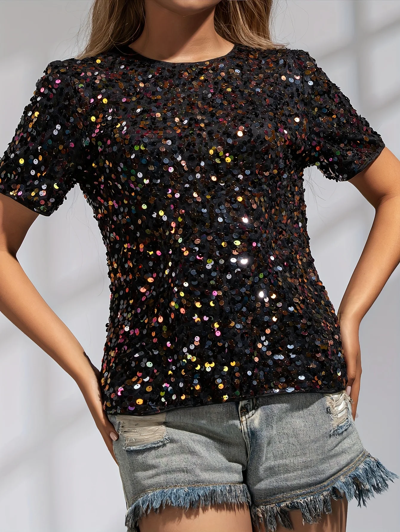 Colorful Sequined Crew Neck T-shirt, Vintage Short Sleeve Top For Club & Party, Women\'s Clothing