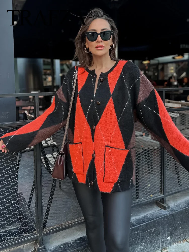 TRAFZA Woman Autumn Fashion Jacquard Patchwork Pocket Long Sleeves Women O-Neck Single-breasted Orange Knitted Cardigan Sweater