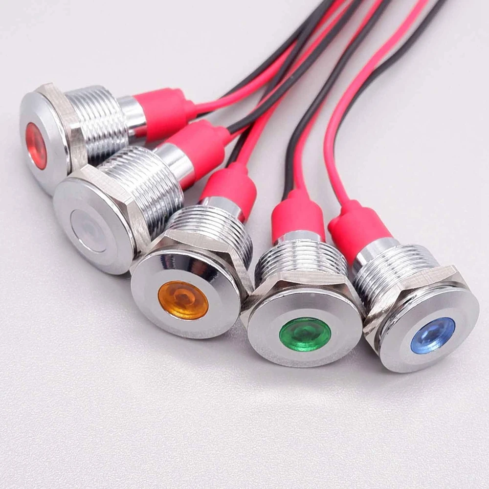 12mm With Wire LED Signal Light Power Supply Indicator Lamp Metal Indicator Light 3v 6v 12v 24v 110v 220v Red Orange Green White