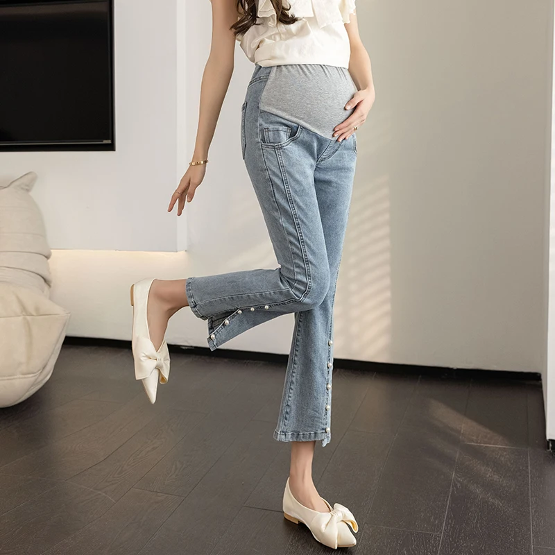 Calça jeans maternidade para gestantes, jeans stretch, roupas de gravidez, plus size, corte de bota verão