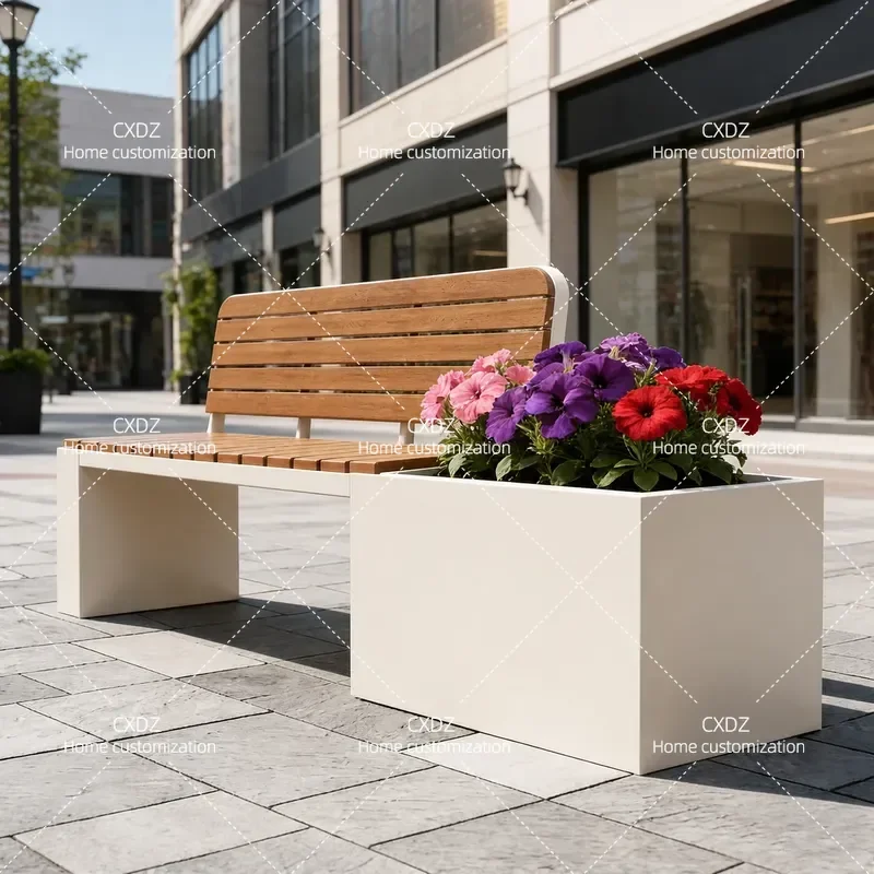 Outdoor Wrought Iron Bench with Flower Box Planter Commercial Street Rest Stool Square Garden Fence Park Seating Combination
