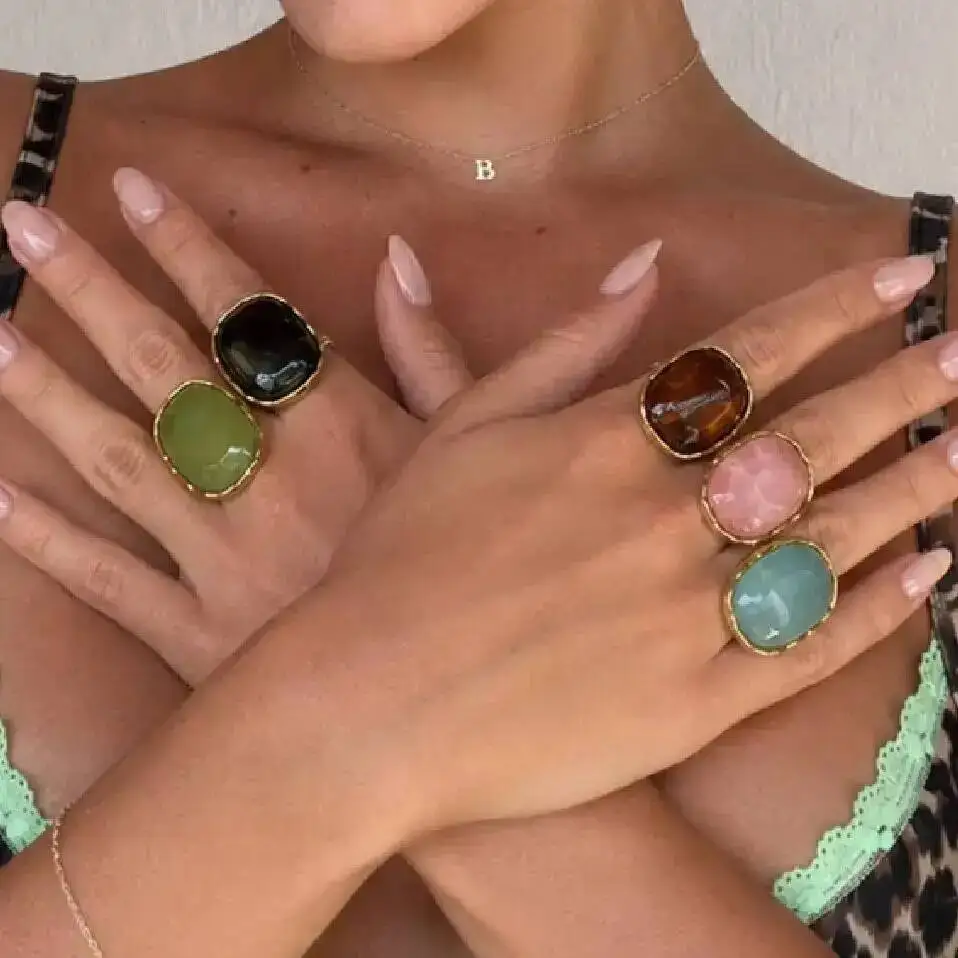 SHIXIN Exquisite Multi-Color Acrylic Resin Adjustable Ring Women 18K Gold Plated Stainless Steel Rings Summer Waterproof Jewelry