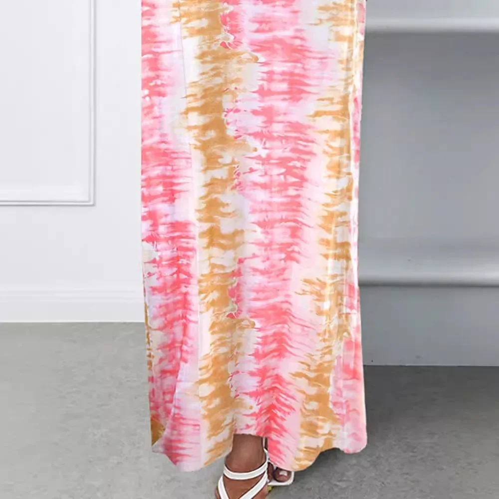 Damska Sukienka na Ramiączkach z Koronkowymi Wstawkami, Wzorem Tie-Dye, Codzienna Sukienka Wakacyjna Bez Rękawów, z Wysokim Stanem i Długością do Kostek