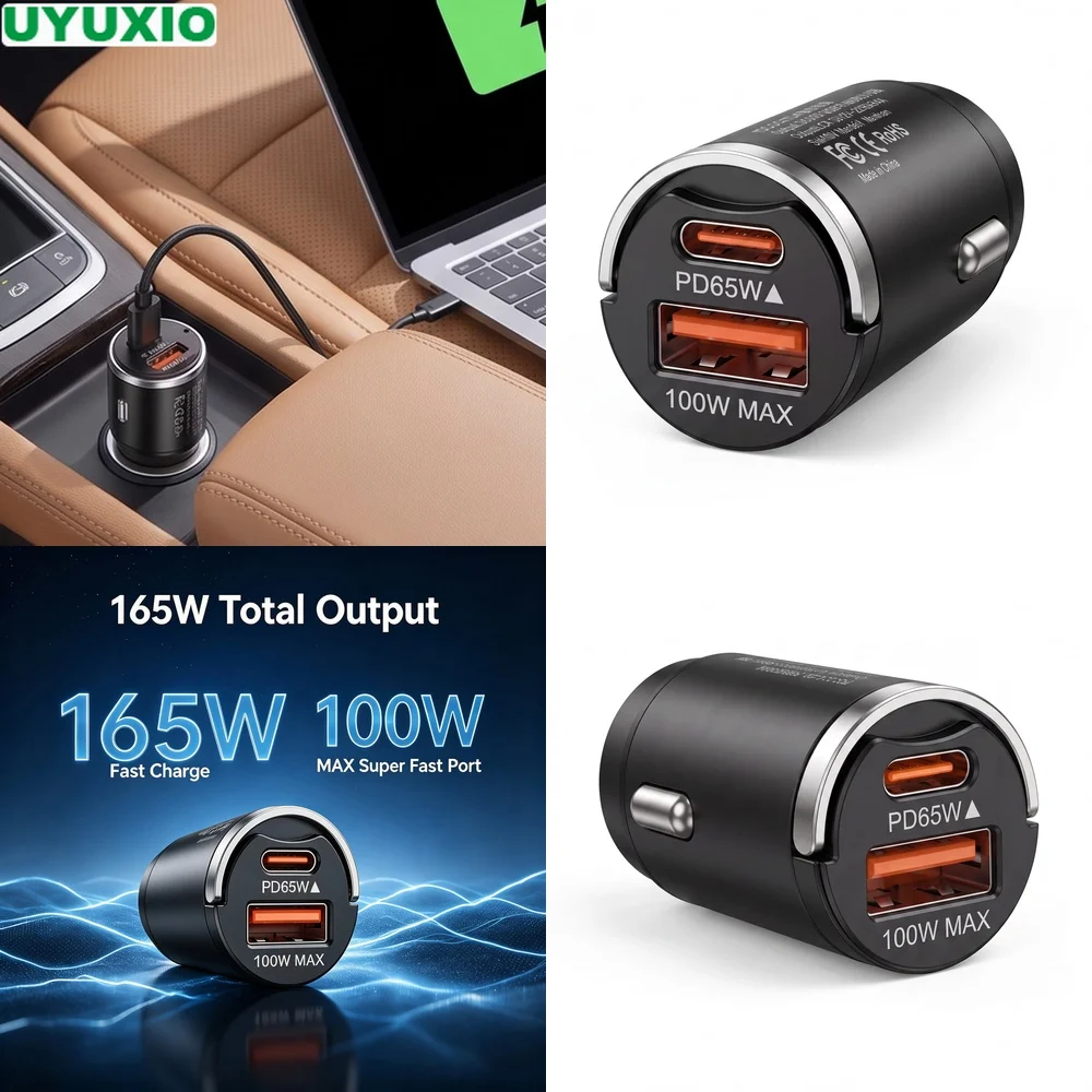 165W Two Port Car Charger Compact Zinc Alloy Metal Body Dual Output 65W USB C 100W USB A Charging for Phones Tablets and Laptops