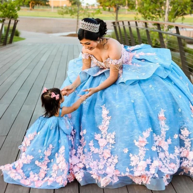 Vestido De baile azul para quinceañera, vestidos De México para 15 Años, Quinceañeras con cuentas, dulces 16 Quinceañeras, flores para fiesta De cumpleaños, 2024