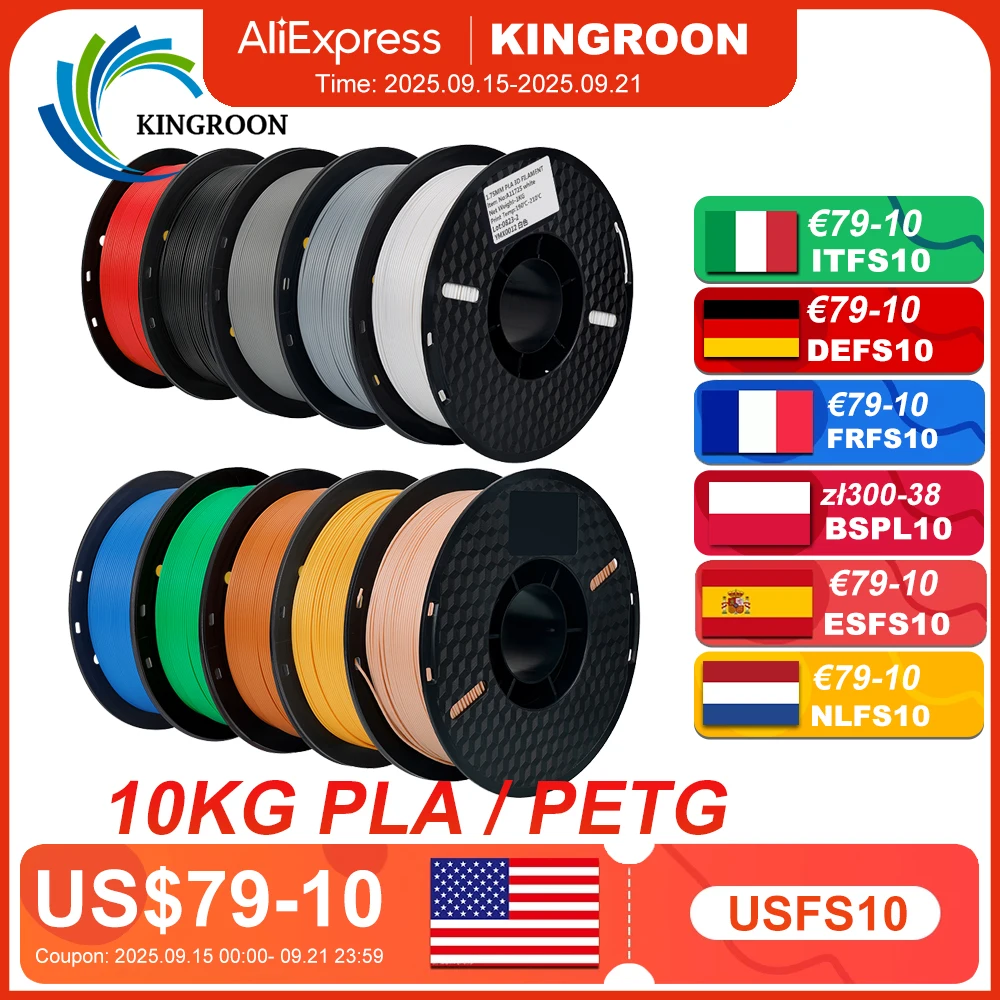 KINGROON 22LBS PETG o filamento PLA filamento de impresora 3D 10 rollos 1KG 1,75 MM respetuoso con el medio ambiente buena dureza mezcla de colores envío gratis
