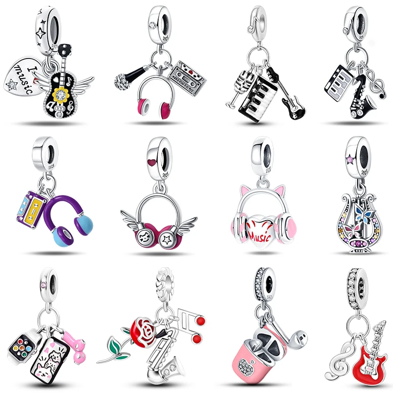 

100% 925 Sterling Silver Guitar Sax Headphones Musical Instrument Charms Beads Fit Pandora 925 Original Bracelets DIY Jewelry