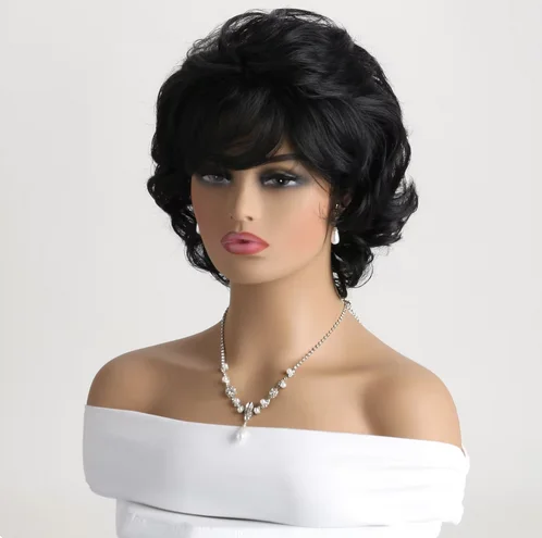 Wig sintetis hitam Natural 10 inci untuk wanita, Wig pendek keriting pesta sehari-hari tahan panas