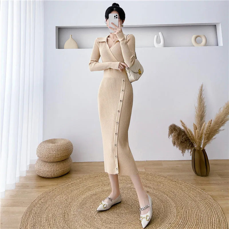 エレガントなハイウエストボディコンドレス女性ファッションストリートスリム弾性ニットドレスレディースボタン付き V ネックドレスローブ