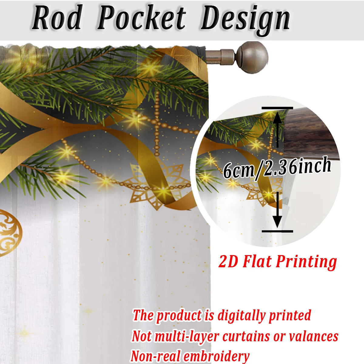 ستارة شفافة للمطبخ بطباعة مسطحة لعيد الميلاد مع زخرفة فرع كرة عيد الميلاد من الصنوبر لحفلات ديكور المنزل في عيد الميلاد